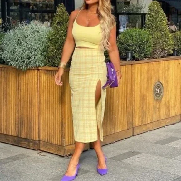 Zara Plaid Midi Skirt Yellow Purple Orange Size S